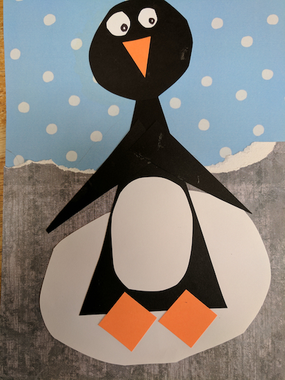 Penguin collage with snowy background